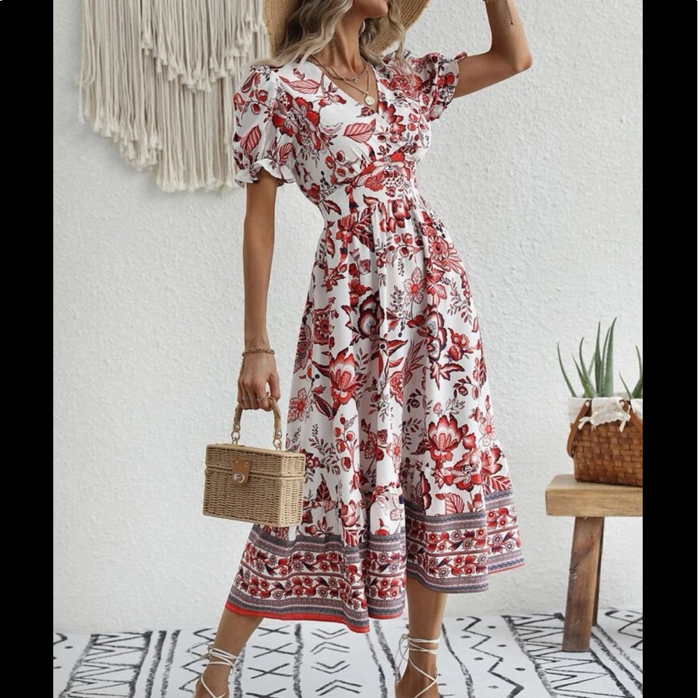 Boho Bohemian Gypsy Floral Print Puff Sleeve Surplice Neck Dress - Picture 4 of 7